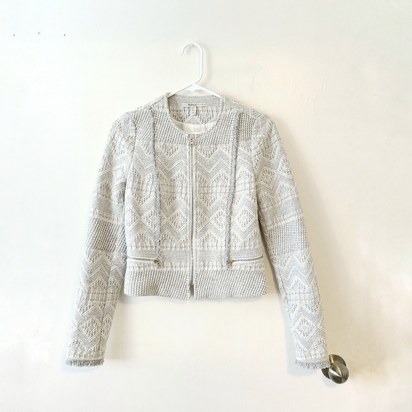 ZARA Cream Embroidered Fringe Knitted Blazer S